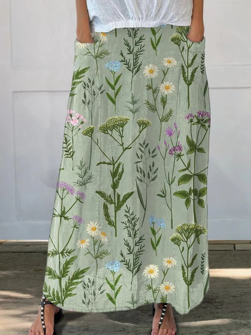 Falda de lino con bolsillos para mujer con estampado de repetición de campo de primavera enriquecido