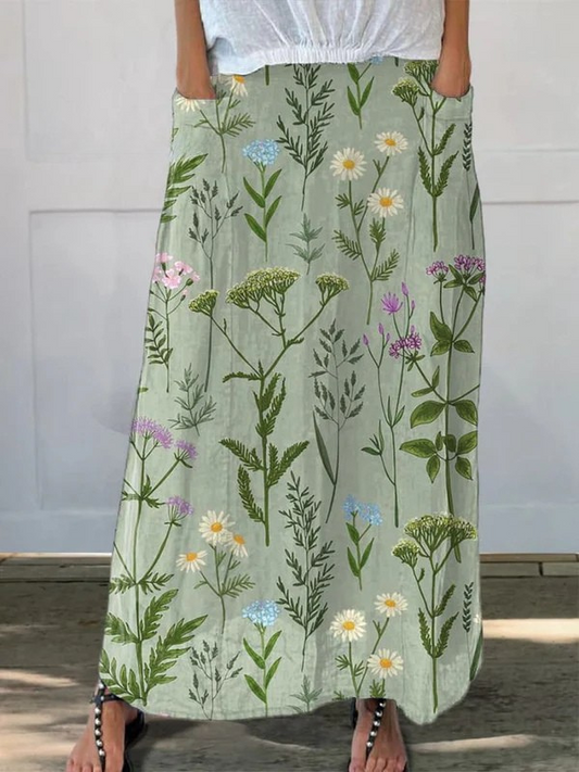 Falda de lino con bolsillos para mujer con estampado de repetición de campo de primavera enriquecido