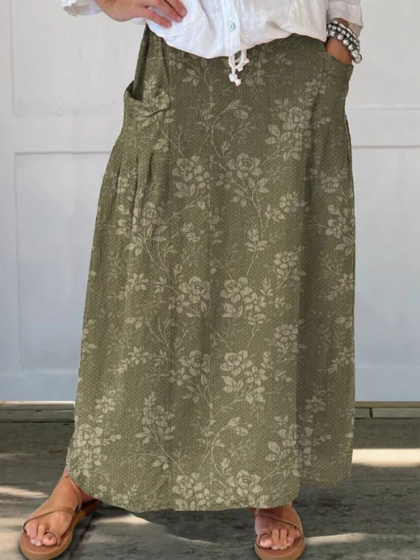Falda de lino con cintura elástica y bolsillos con estampado floral vintage para mujer