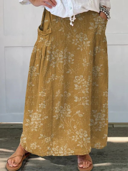 Falda de lino con cintura elástica y bolsillos con estampado floral vintage para mujer