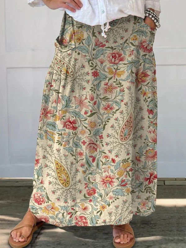 Falda de lino con bolsillos y estampado floral vintage para mujer