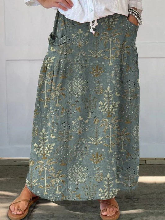 Falda de lino con cintura elástica y bolsillo para mujer con estampado de vegetación de bosque