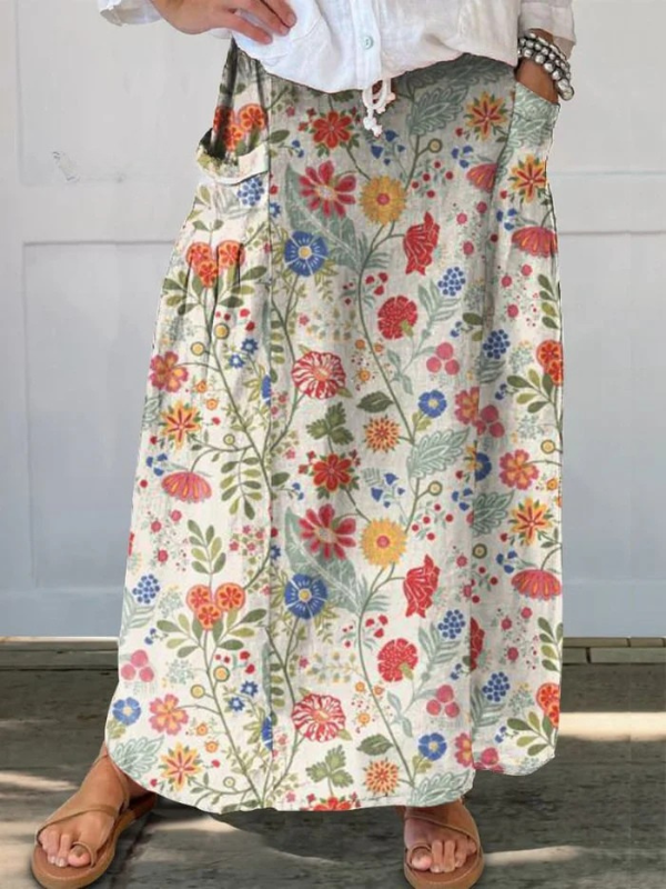 Falda de lino con cintura elástica y bolsillo con estampado floral para mujer