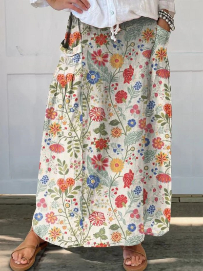 Falda de lino con cintura elástica y bolsillo con estampado floral para mujer
