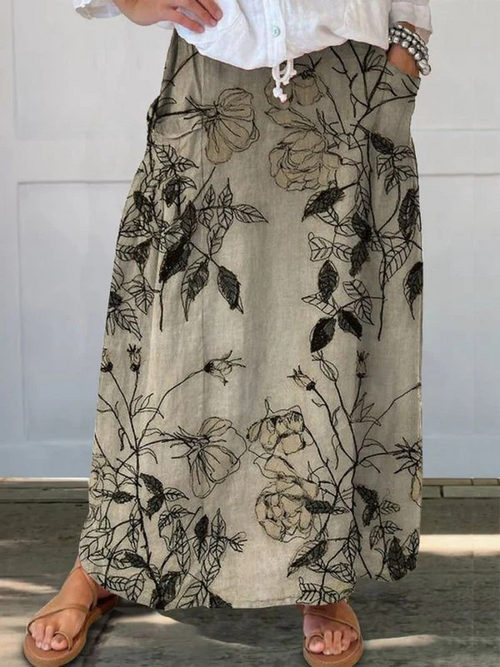 Falda de lino con cintura elástica y bolsillos con diseño floral retro para mujer