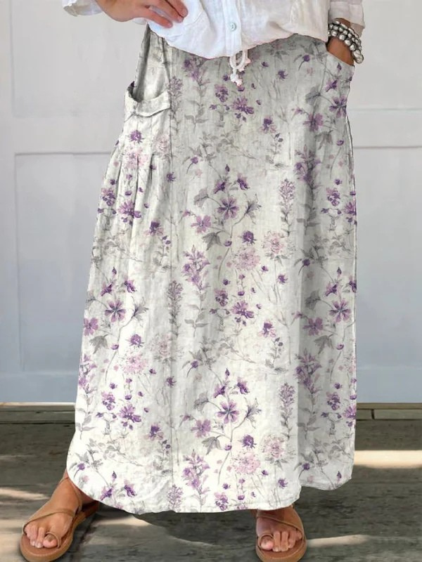 Falda de lino con cintura elástica y bolsillos con diseño floral vintage para mujer