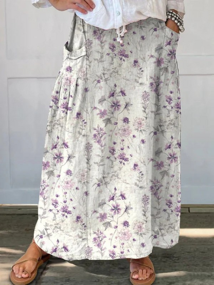 Falda de lino con cintura elástica y bolsillos con diseño floral vintage para mujer