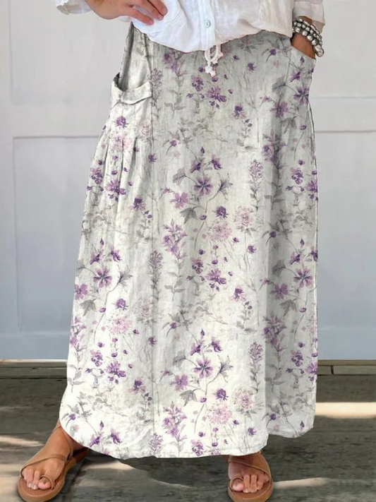 Falda de lino con cintura elástica y bolsillos con diseño floral vintage para mujer