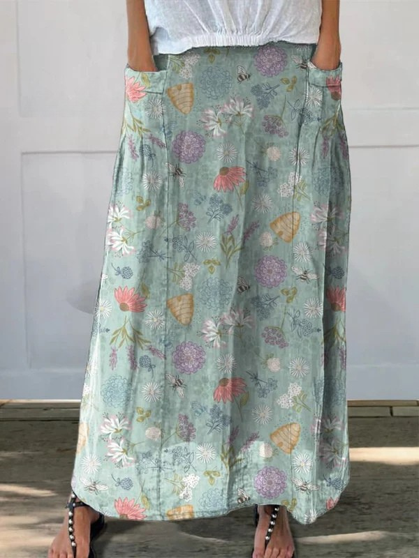 Falda de lino con bolsillo para mujer, con estampado floral y abejorro primaveral