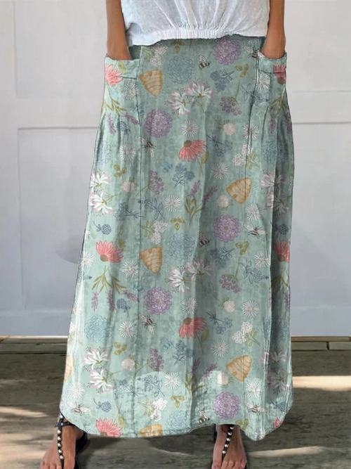 Falda de lino con bolsillo para mujer, con estampado floral y abejorro primaveral