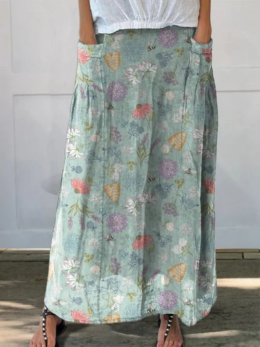 Falda de lino con bolsillo para mujer, con estampado floral y abejorro primaveral