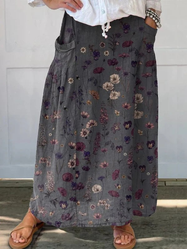 Falda de lino con bolsillos y estampado floral para mujer