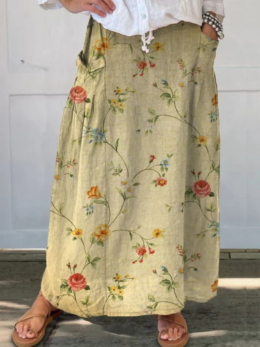 Falda de lino con cintura elástica y bolsillos con diseño floral retro elegante para mujer