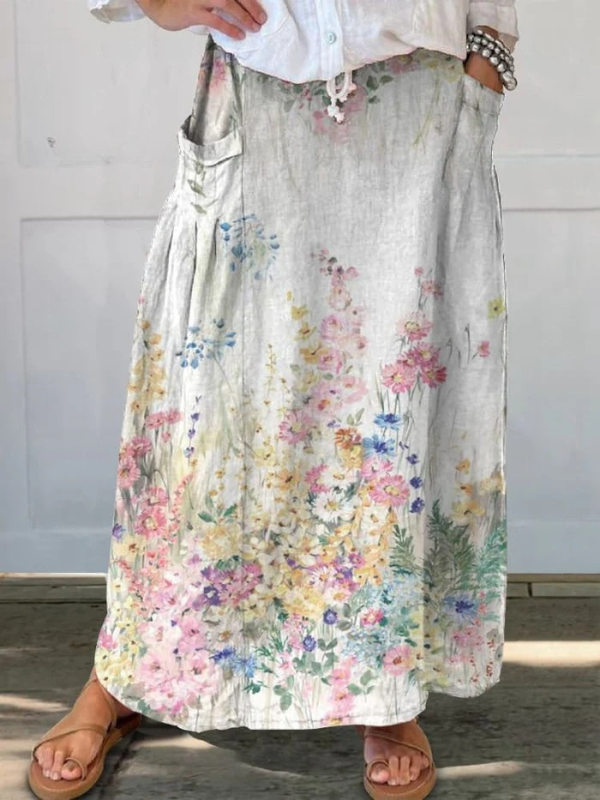 Falda de lino con cintura elástica y bolsillos con diseño floral retro elegante para mujer