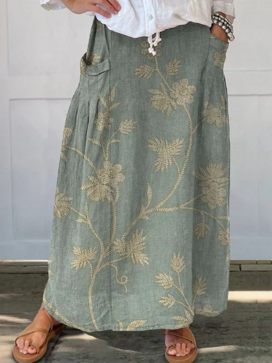 Falda de lino con cintura elástica y bolsillos con diseño floral retro para mujer
