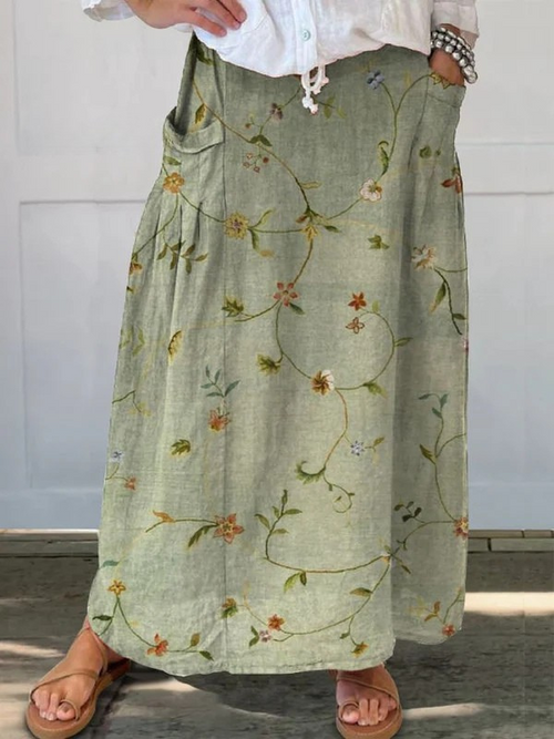 Falda de lino con cintura elástica y bolsillos con diseño floral retro para mujer