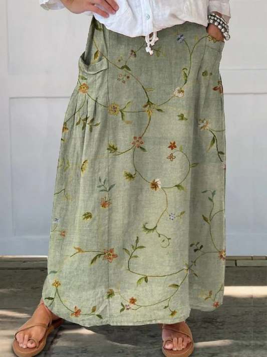 Falda de lino con cintura elástica y bolsillos con diseño floral retro para mujer
