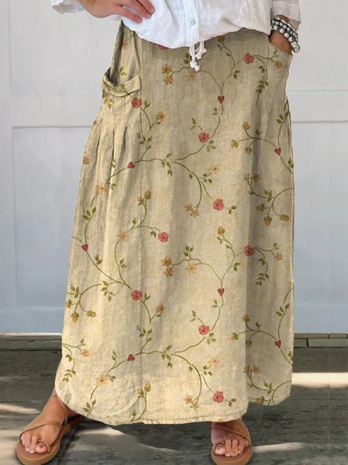 Falda de lino con cintura elástica y bolsillos con diseño floral retro para mujer