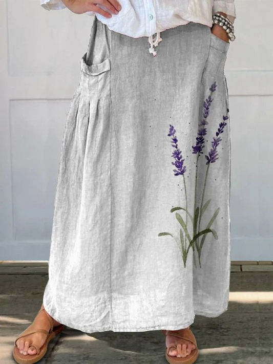 Falda de lino con cintura elástica y bolsillo para mujer con estampado floral de lavanda y acuarela