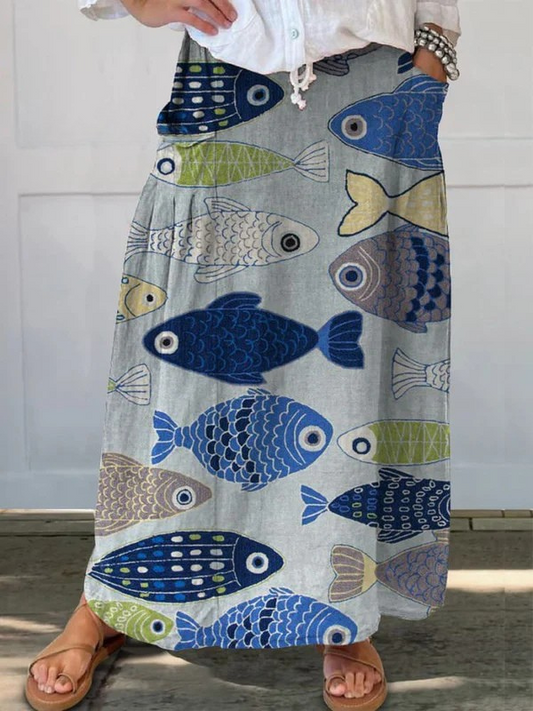 Falda de lino con bolsillos y estampado artístico de peces vintage para mujer