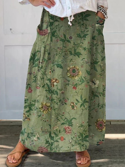 Falda de lino con bolsillos y estampado artístico retro para mujer