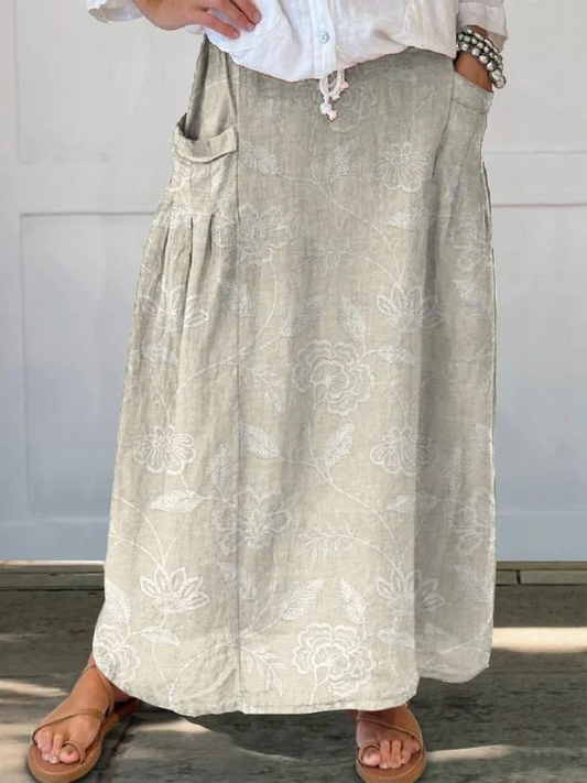 Falda de lino con cintura elástica y bolsillos con diseño floral vintage para mujer