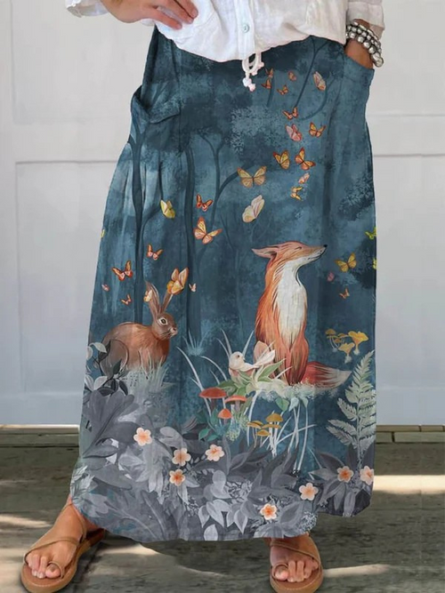 Falda informal de lino con bolsillos y estampado artístico de animales y flores vintage para mujer