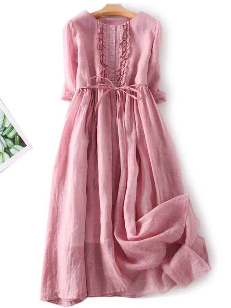 Krya - Vestido estilo retro con cuello redondo y lazos en la cintura
