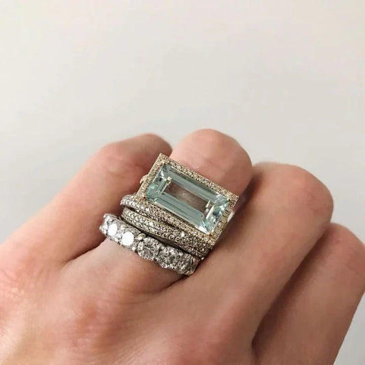 Juego de anillos vintage de plata y cristal turquesa