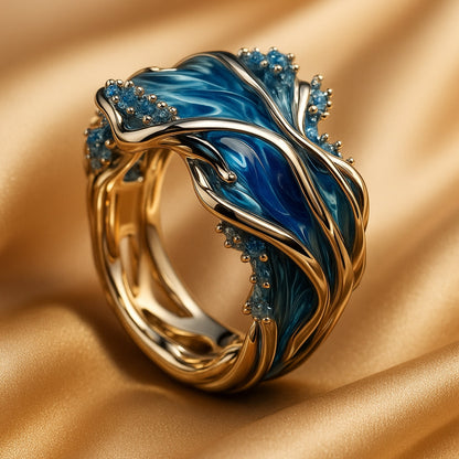 Anillo vintage dorado con ondas oceánicas