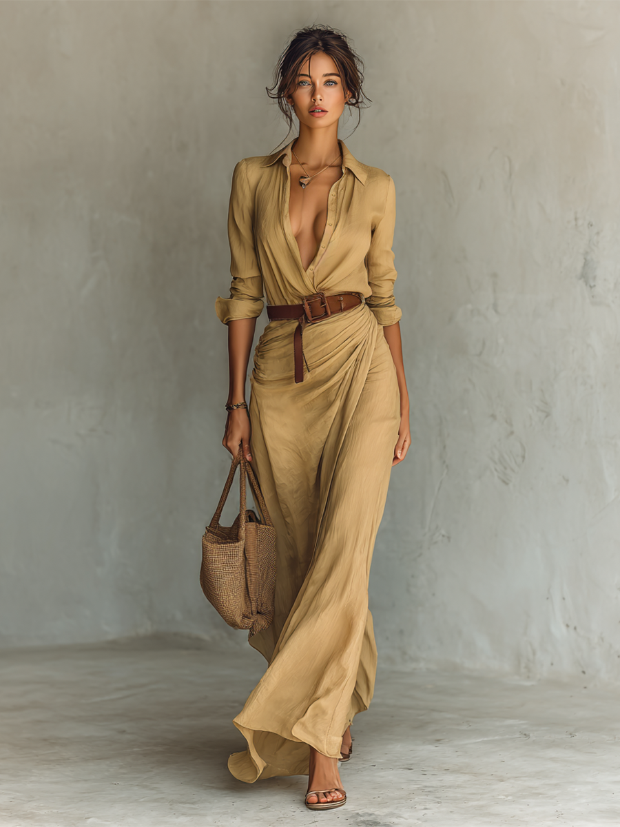 Vestido largo - Cuello con muescas y cinturón