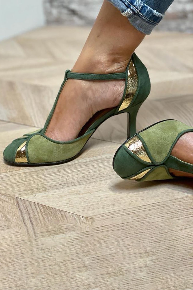 Taviana | Tacones de patchwork con tira en T y punta cerrada