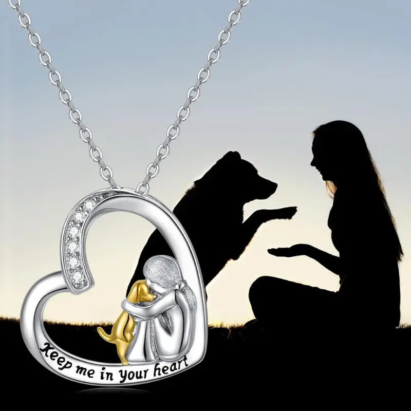 Collar de corazón de plata con perro y circonitas - Laura Jewelry