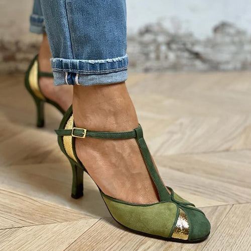 Taviana | Tacones de patchwork con tira en T y punta cerrada