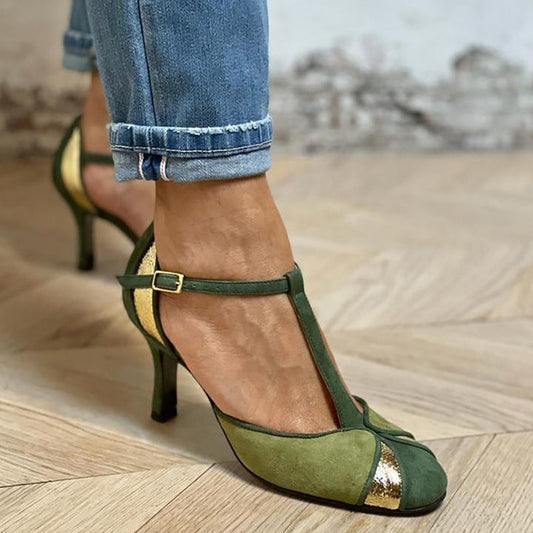 Taviana | Tacones de patchwork con tira en T y punta cerrada