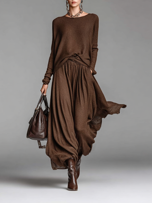 Conjunto de suéter de punto con cuello redondo y falda