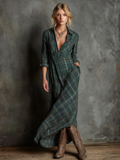 Vestido largo con solapa a rayas