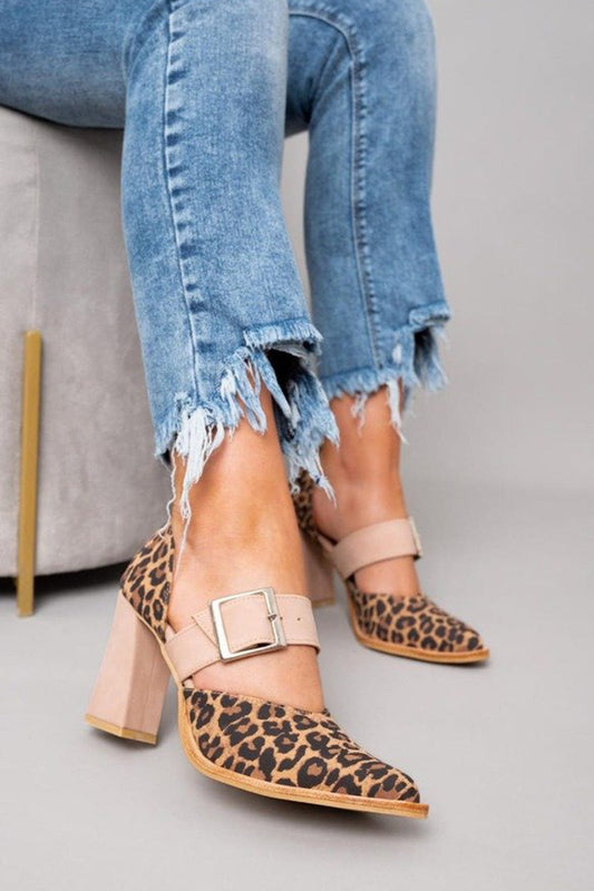 Selveta | Sandalias de ante con tacón estable y estampado de leopardo