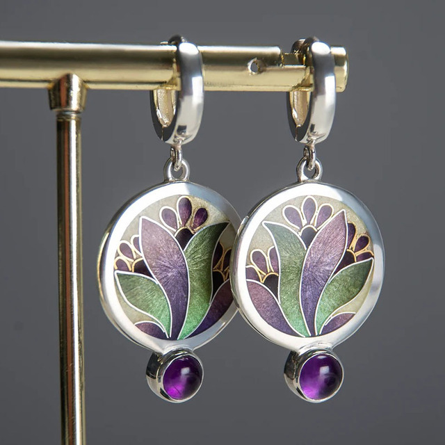 Pendientes bohemios de cristal morado 