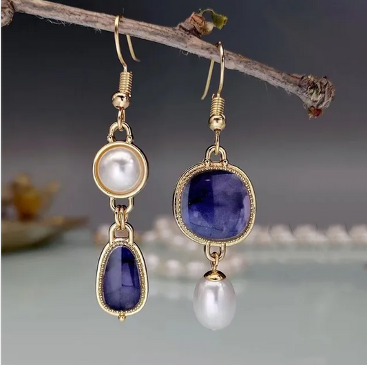 Pendientes vintage de piedra azul y perla 