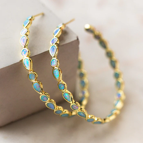 Pendientes de aro dorados con ópalo azul vintage 
