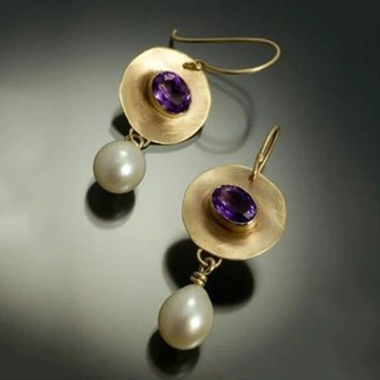Pendientes vintage de oro con circonitas moradas y perla 
