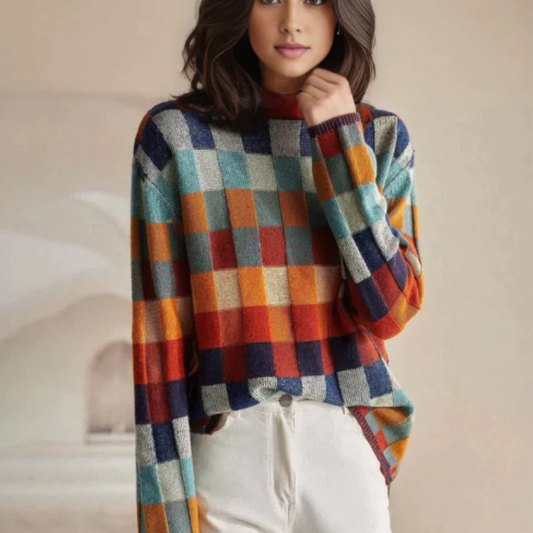 Elena™ - Suéter a cuadros con bloques de color
