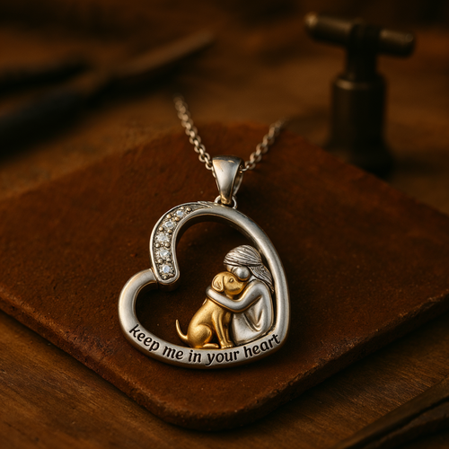 Collar de corazón de plata con perro y circonitas