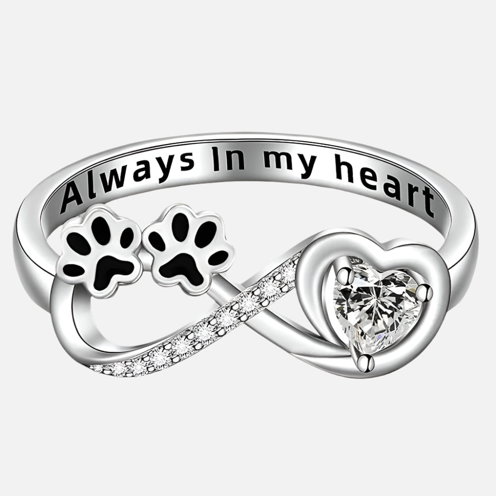 Anillo de circonita en forma de pata con diseño de corazón e infinito