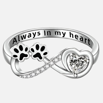 Anillo de circonita en forma de pata con diseño de corazón e infinito