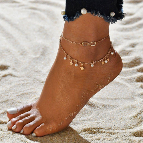 Pulsera de tobillo infinita + perlas y estrellas 