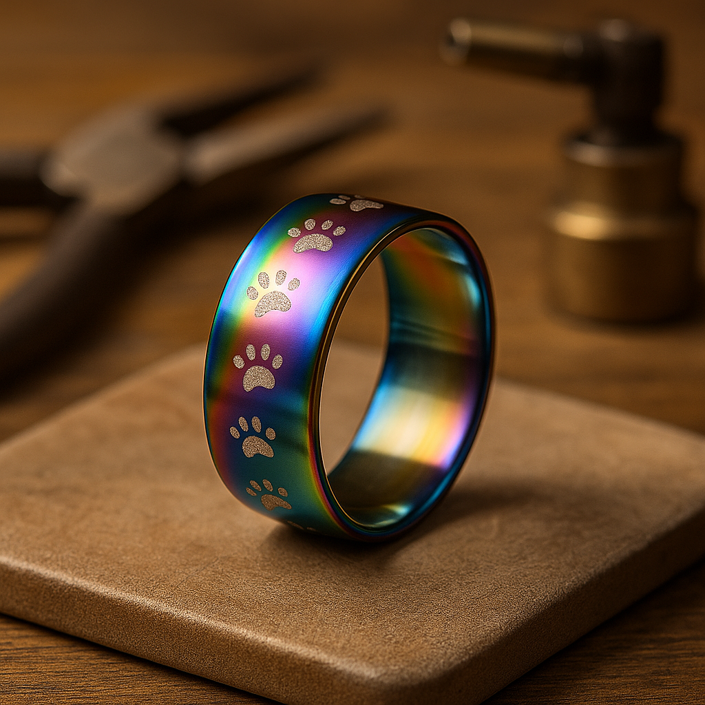 Anillo de acero inoxidable hecho a mano con estampado de pata de arcoíris